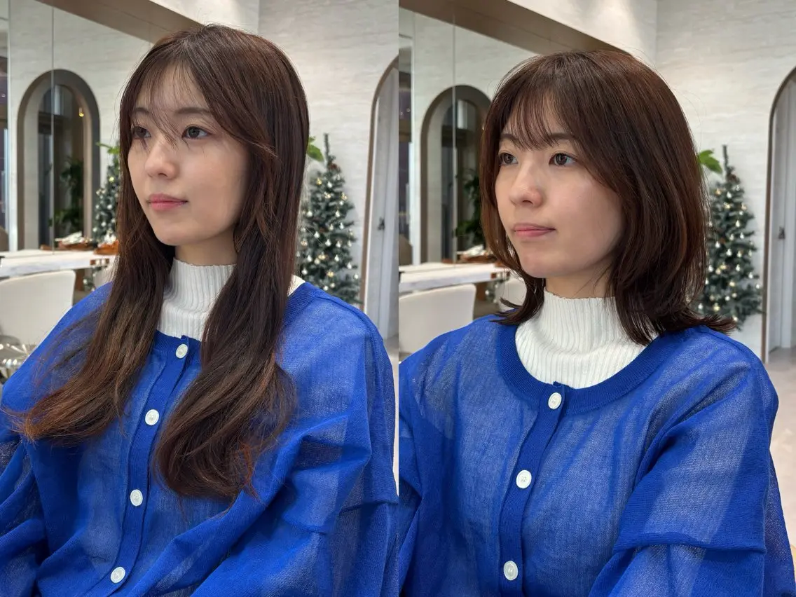 ミディアム カット ヘアカラー トリートメント 💖ボブ/縮毛矯正 顔周りレイヤー/ユイのヘアスタイル