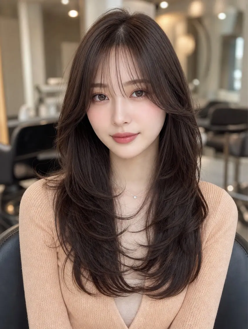 ロング カラー ベージュカラー 透明感カラー 顔まわりレイヤー 顔周りカット 髪質改善 カット ヘアカラー トリートメント 韓国レイヤーカット× 髪質改善ラビマーニのヘアスタイル
