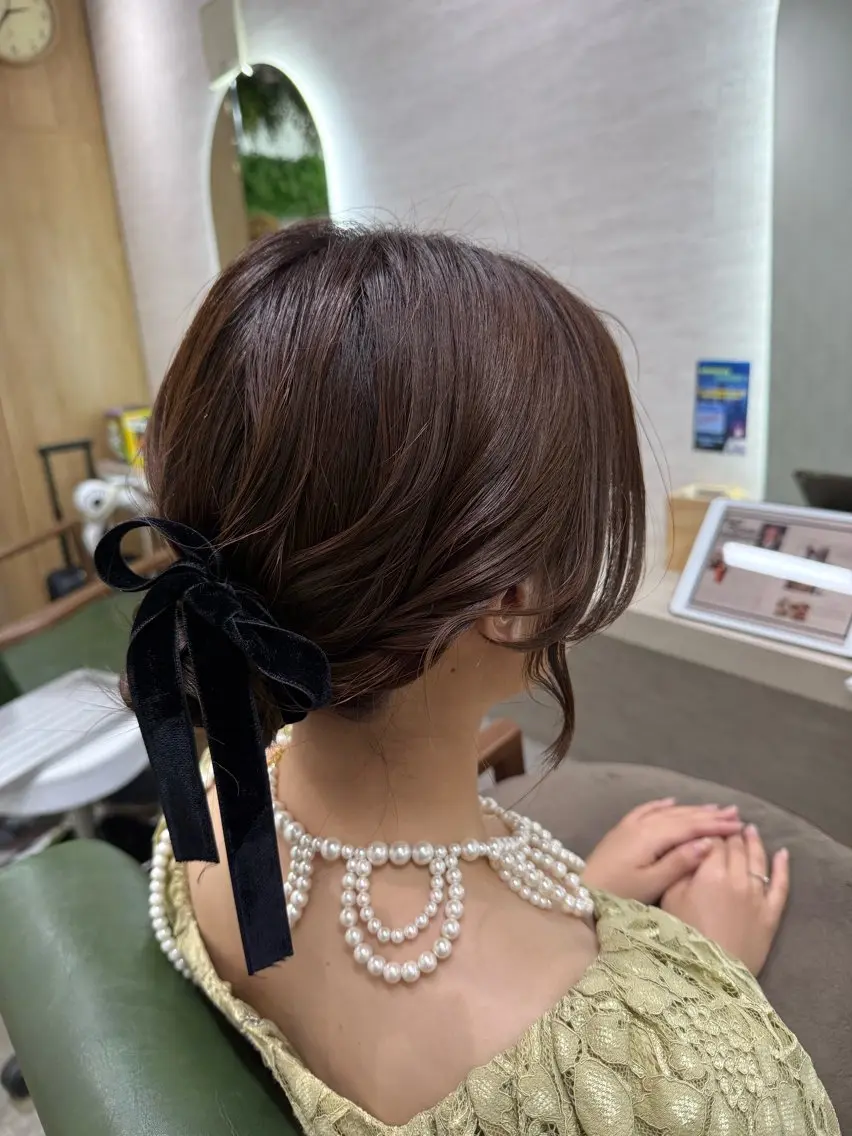 ロング ヘアアレンジ 結婚式・ブライダル ボブ ハイライト 髪質改善 縮毛矯正 ヘアセット 縮毛矯正/ /関内/あべももこのヘアスタイル