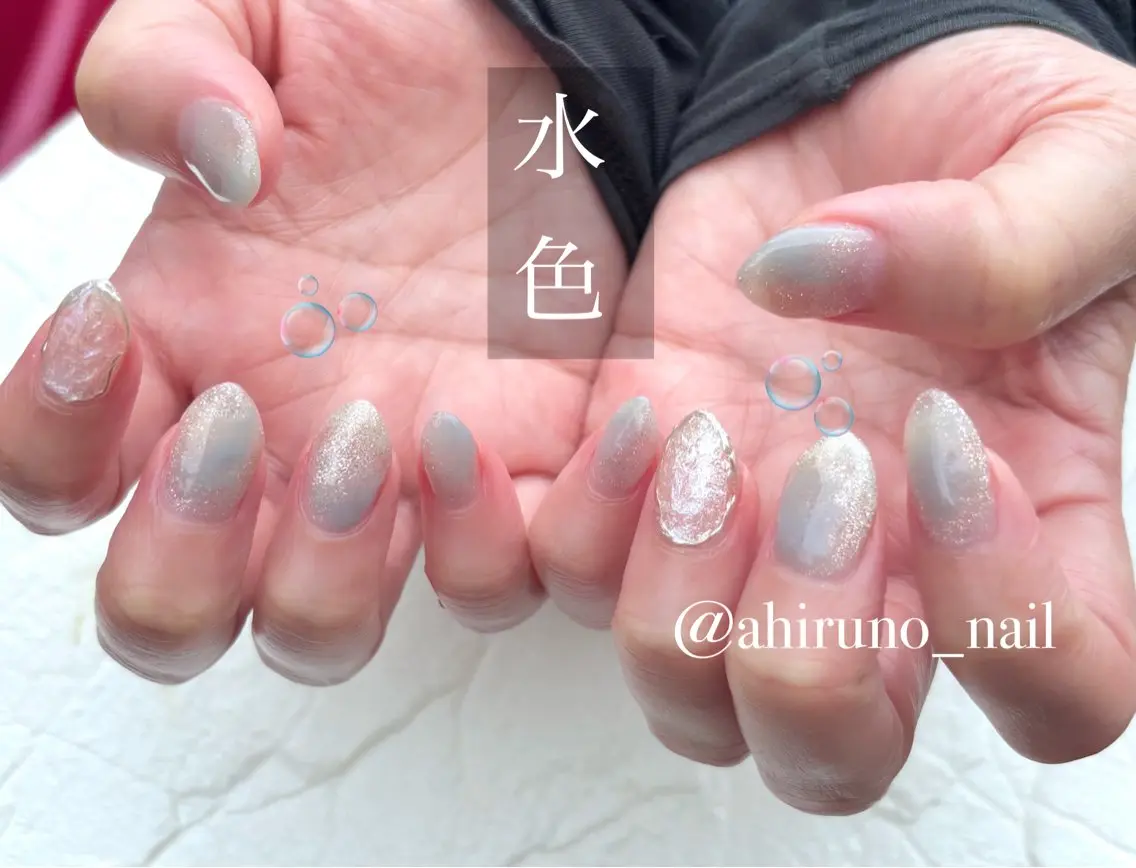 ネイル クリアネイル フラッシュネイル フラッシュマグ キラキラネイル 水色 ハンドネイル 東京あきる野市ネイル ✿ yuiのネイルデザイン