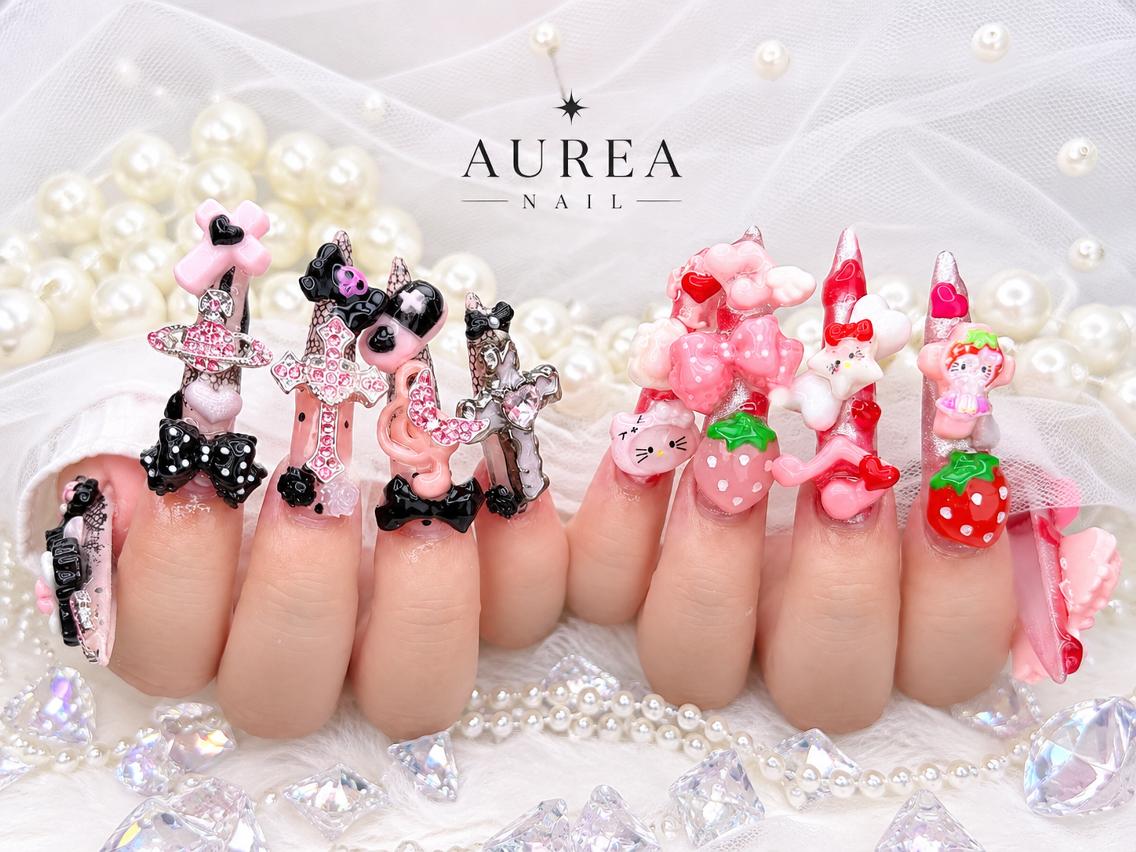 ネイル アートネイル ボルドー 長さ出し ハロウィン キラキラネイル H-nail ロング/3D/Y2Kのネイルデザイン