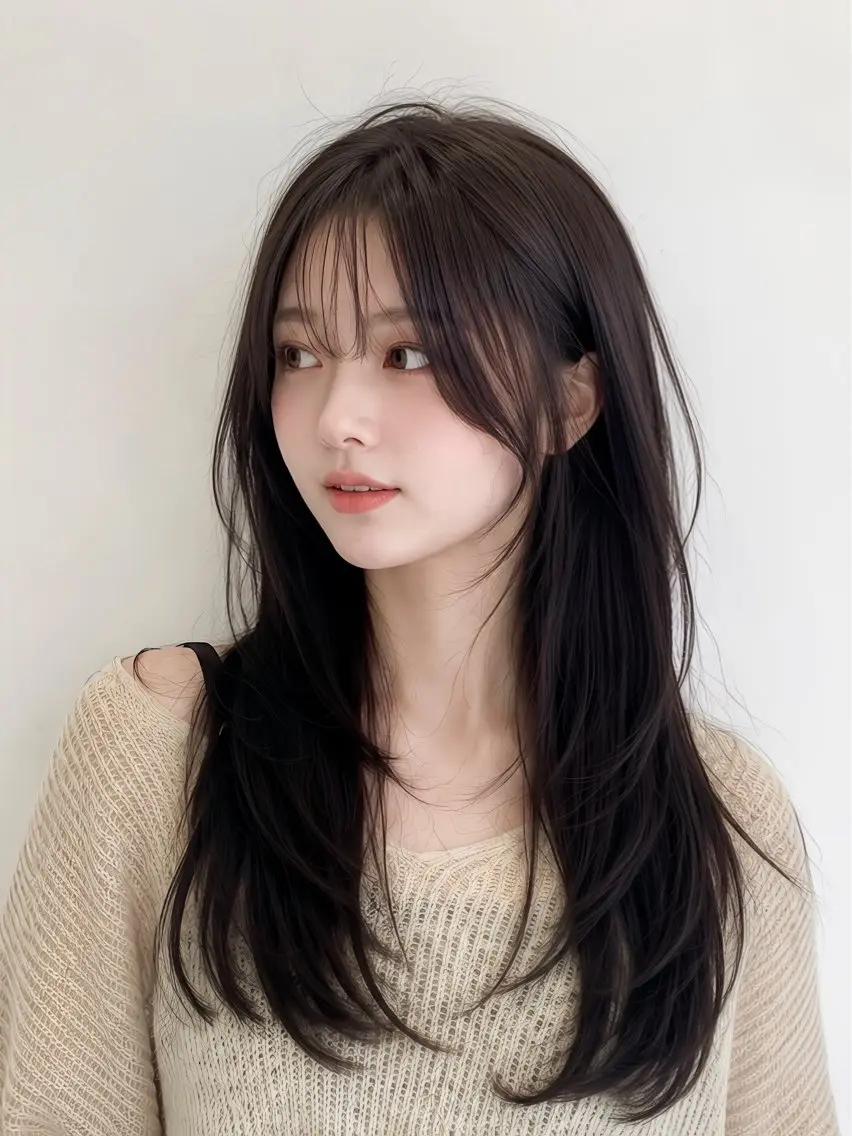 ミディアム ミディアムレイヤー 顔周りカット かきあげバング 韓国風ヘア レイヤーカット カット ヘアカラー 透明感カラー/韓国レ イヤー/宮下知也のヘアスタイル