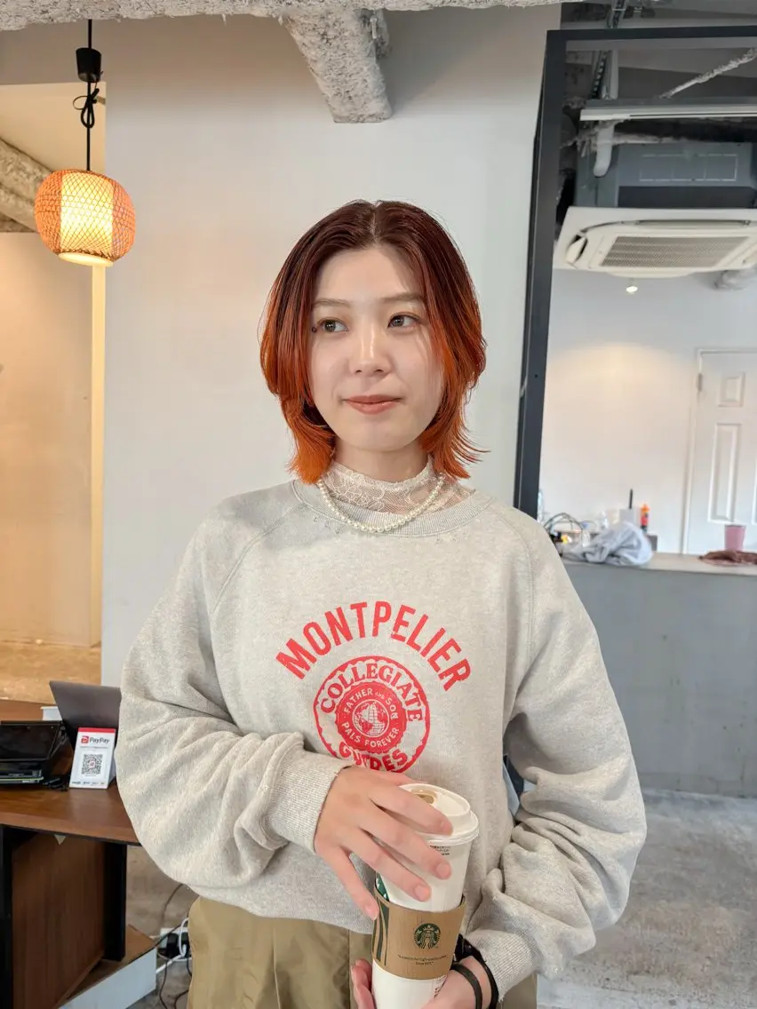 ミディアム カラー オレンジ ボブ ヘアカラー Takuma Suzuki中目黒のヘアスタイル
