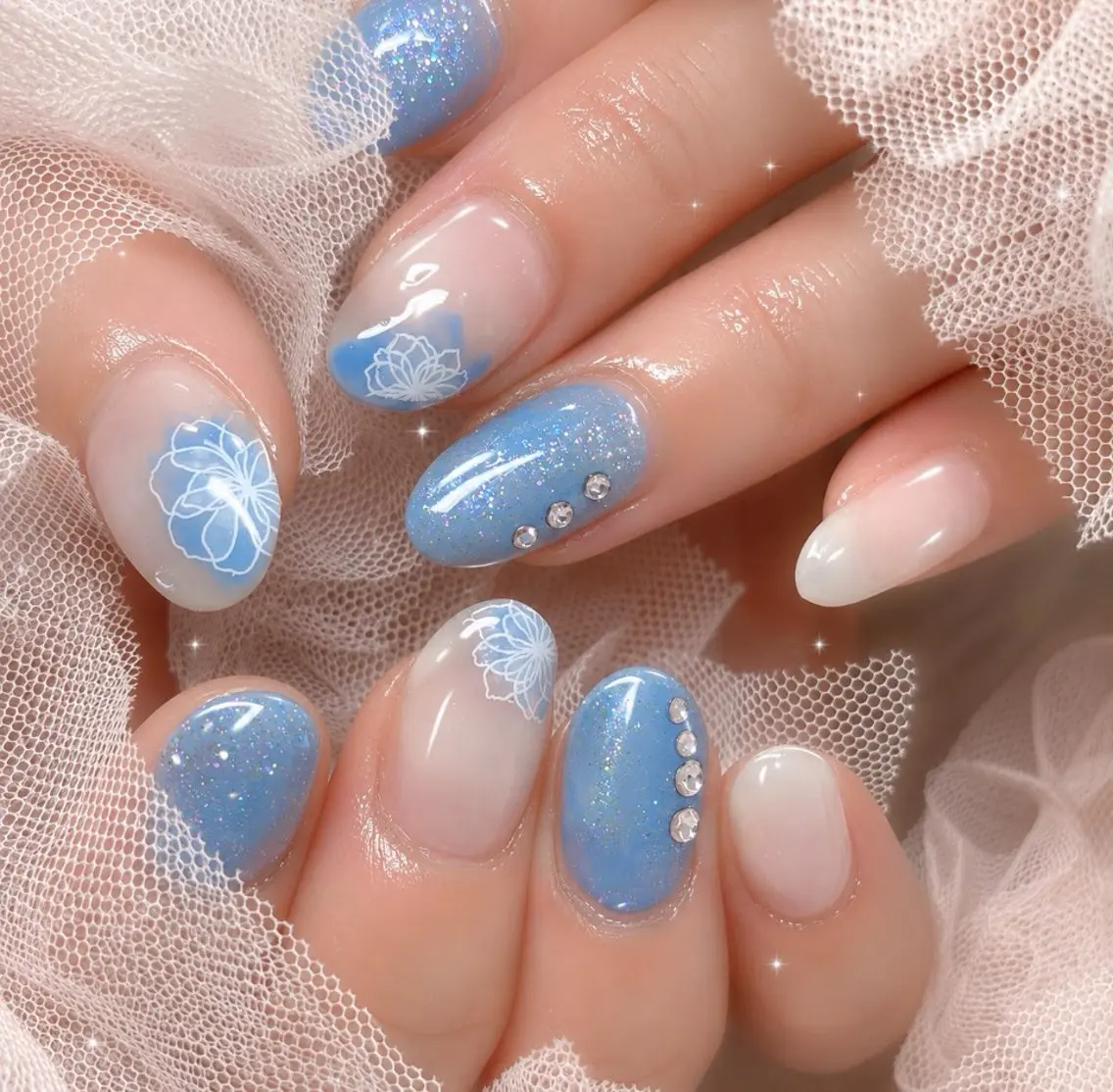 ネイル ブルー 韓国ネイル 夏ネイル ワンホンネイル miminon 自宅ネイルサロンのネイルデザイン