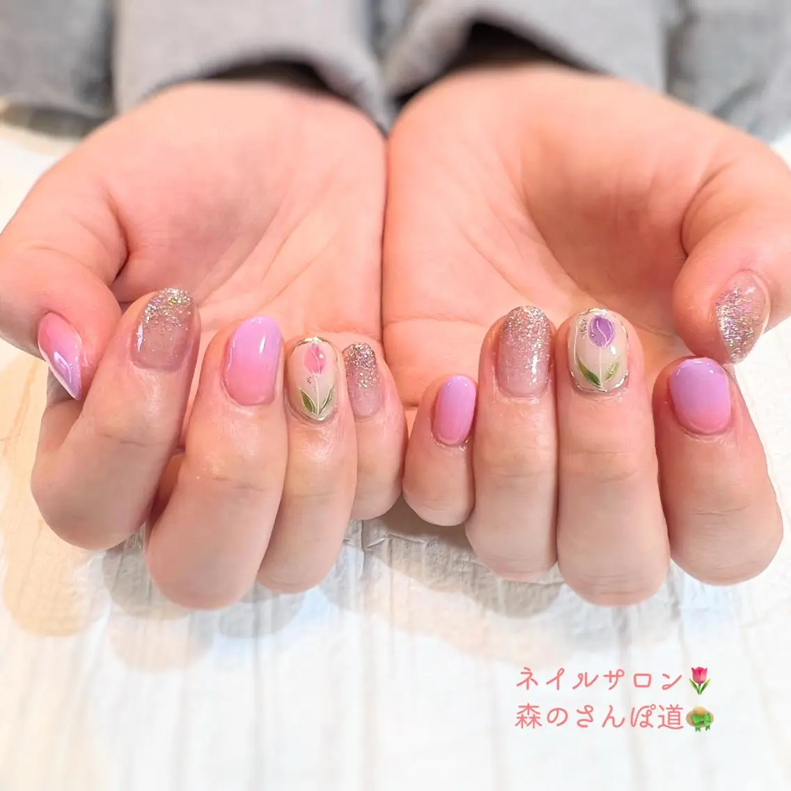 ネイル ハンドネイル ショートネイル 森のさんぽ道のネイルデザイン