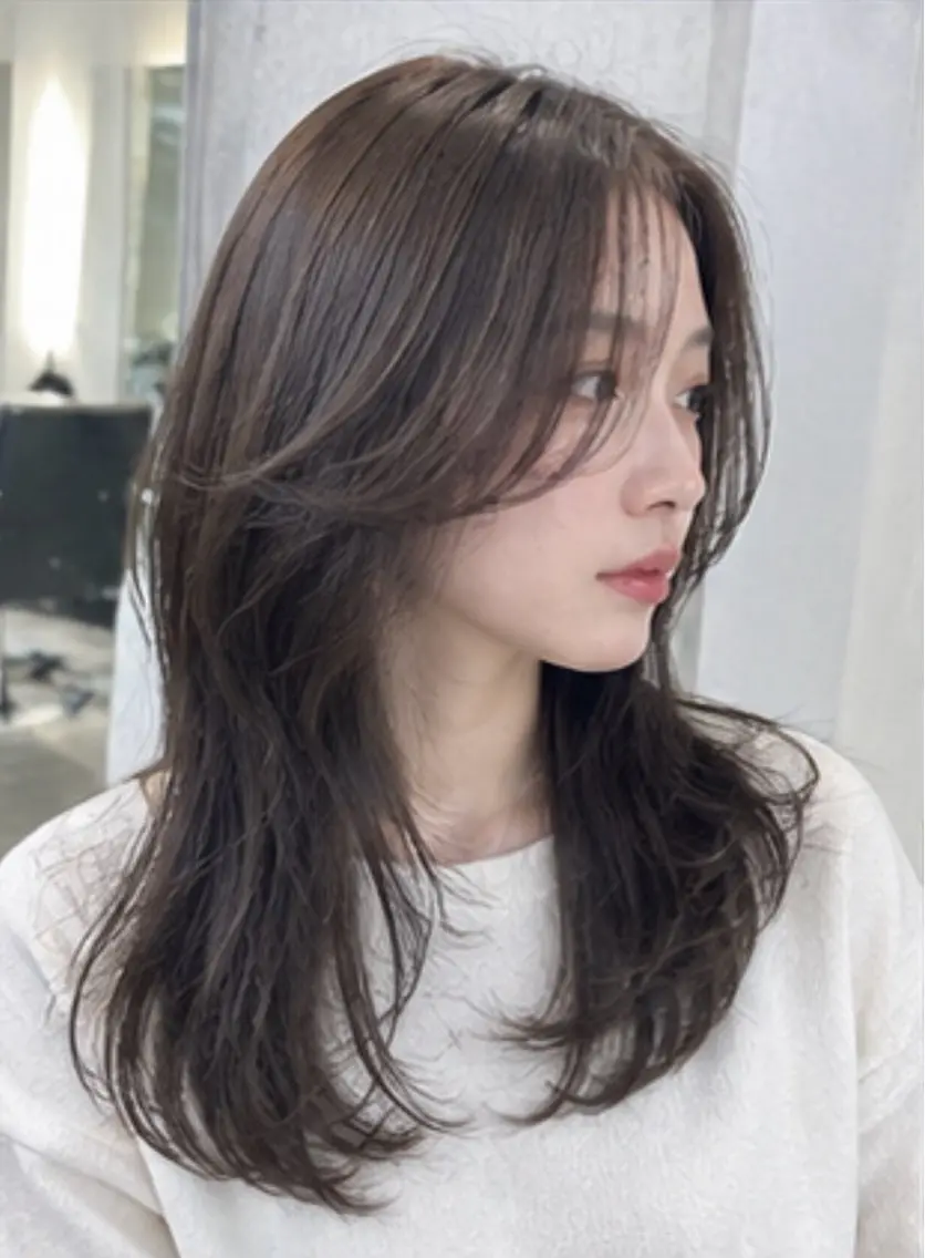 ロング 伸ばしかけ かきあげバング 韓国風ヘア レイヤーカット 小顔カット 似合わせカット/ 髪質改善/ 中野亘稀のヘアスタイル
