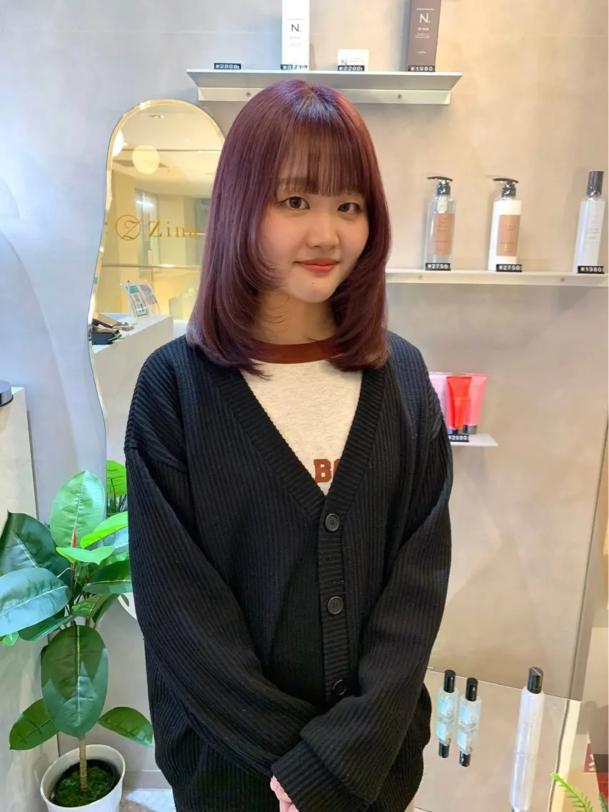 セミロング カラー ケアカラー カシス ピンクカラー ボブ 顔まわりレイヤー 韓国ヘア🇰🇷/ 顔周り/松田光里のヘアスタイル