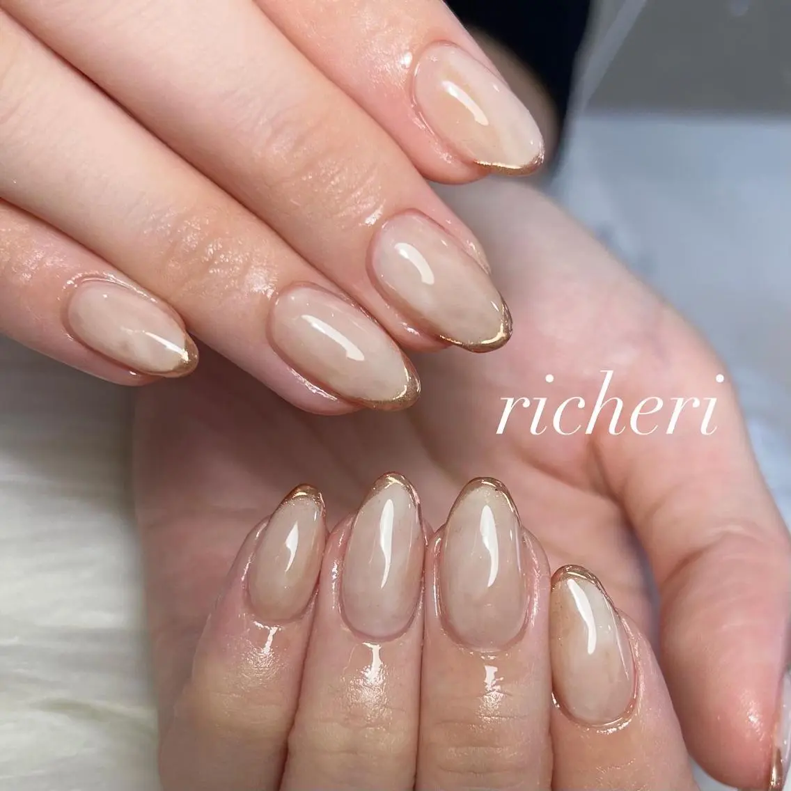 ミディアム ネイル 韓国風ヘア アートネイル フレンチネイル ジェルネイル ガラスフレンチ richeri beautyのその他イメージ