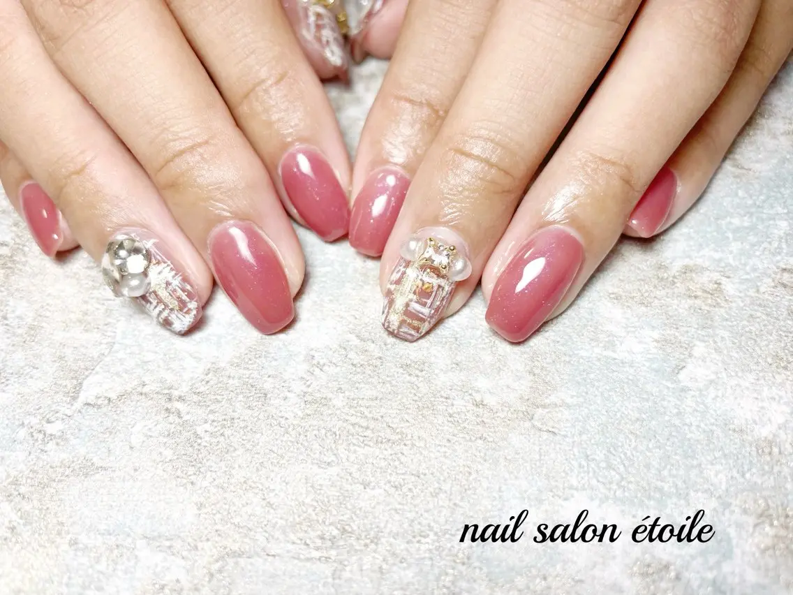 ネイル アートネイル ラメ(グリッター) ピンク ツイードネイル 冬ネイル ハンドネイル nail salon étoileのネイルデザイン