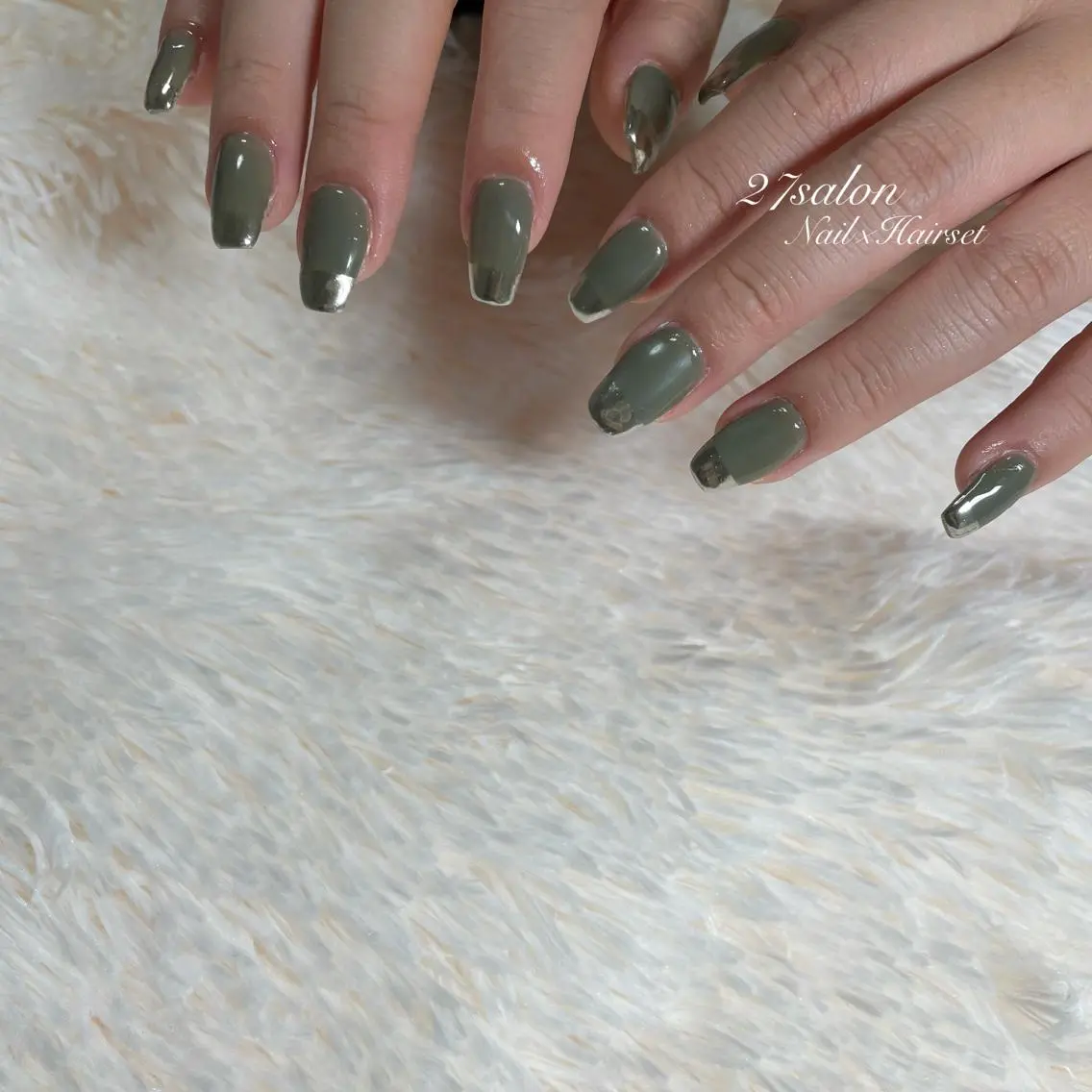 ネイル フレンチネイル グリーン ミラーネイル 27salon yuinaのネイルデザイン