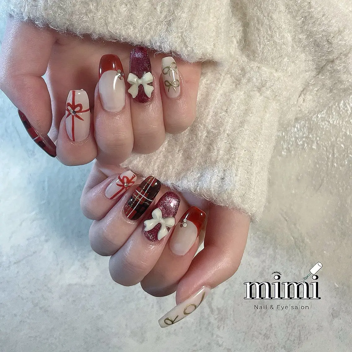 ネイル アートネイル マグネットネイル リボン シンプルネイル 冬ネイル Ruru nailのネイルデザイン