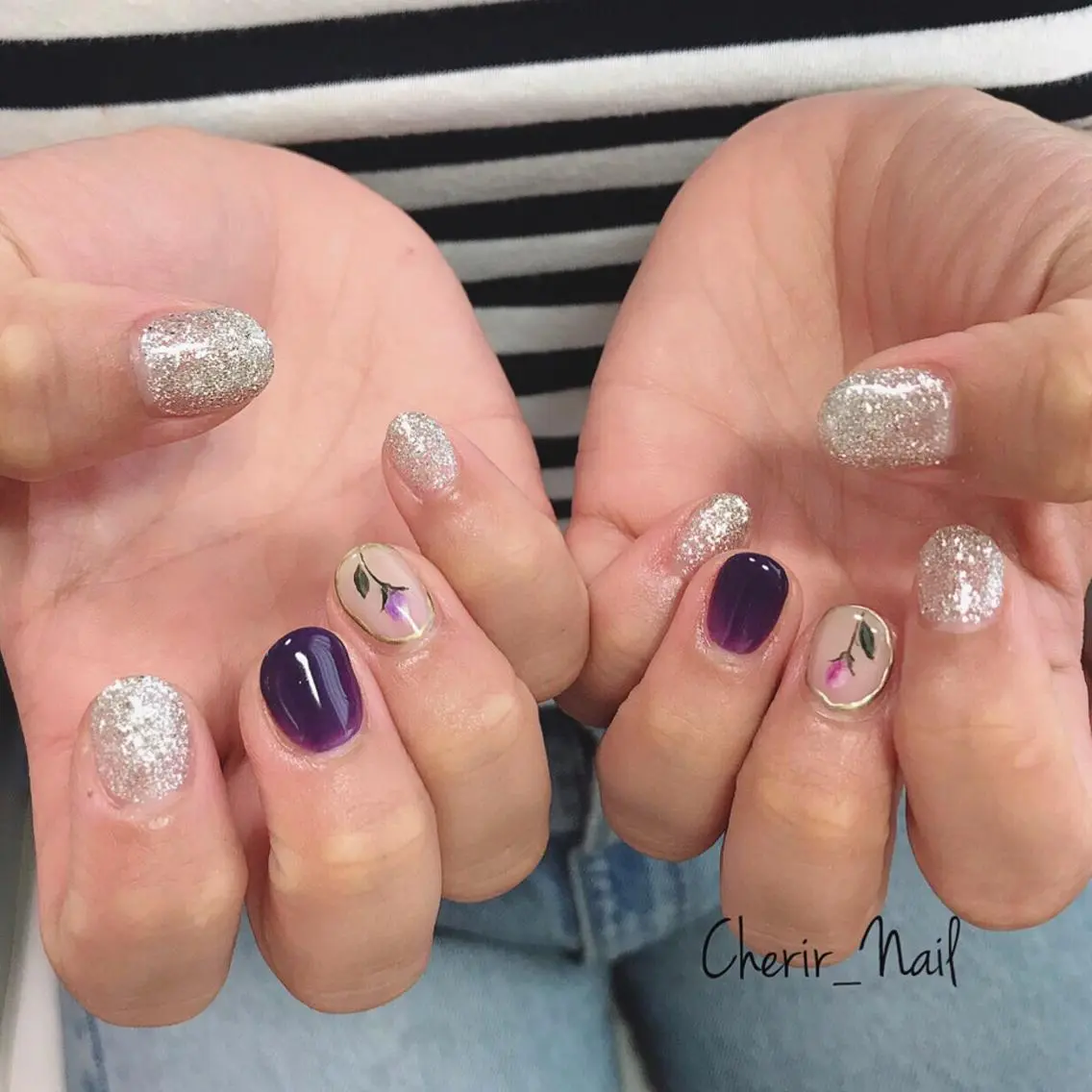 ネイル アートネイル フラワーネイル ラメ(グリッター) ワンカラーネイル パープル Cherirnail kaoriのネイルデザイン