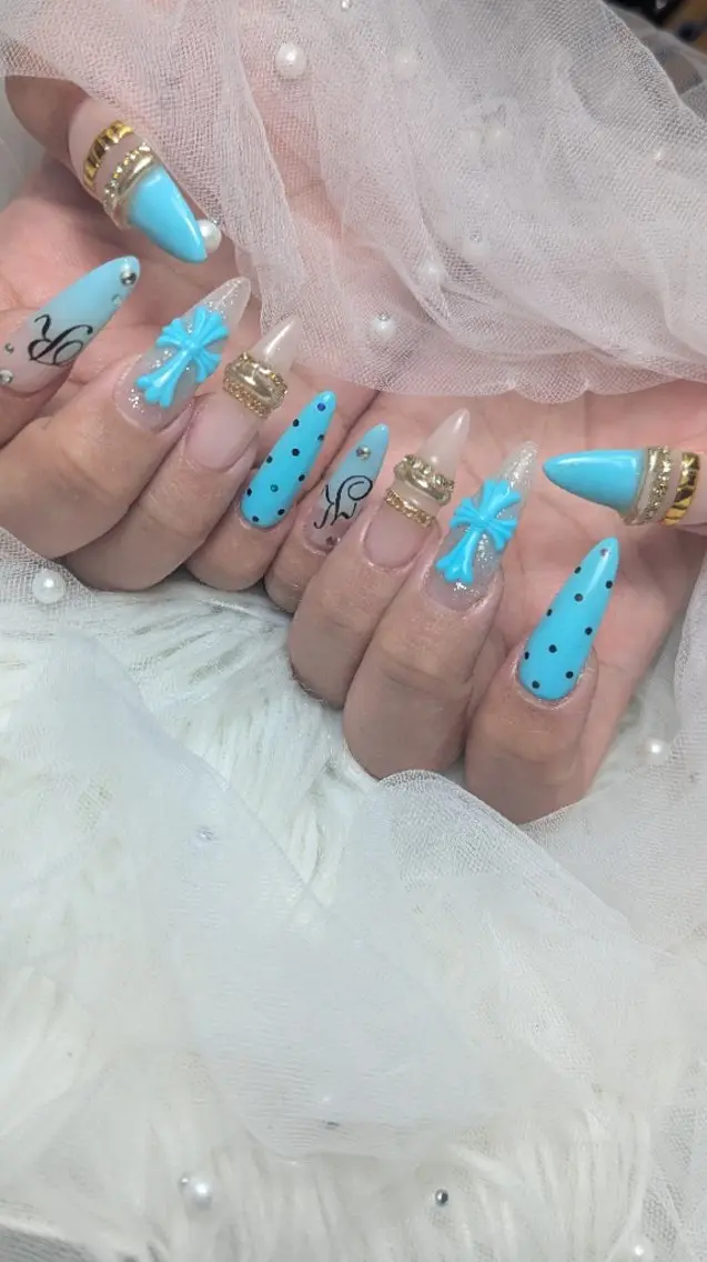 ネイル ブルー 夏ネイル ハンドネイル 心斎橋　Nail SIRANGANAのネイルデザイン