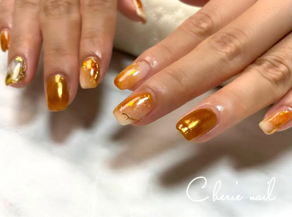 ネイル ニュアンスネイル オレンジ ハンドネイル Cherienail yunaのネイルデザイン