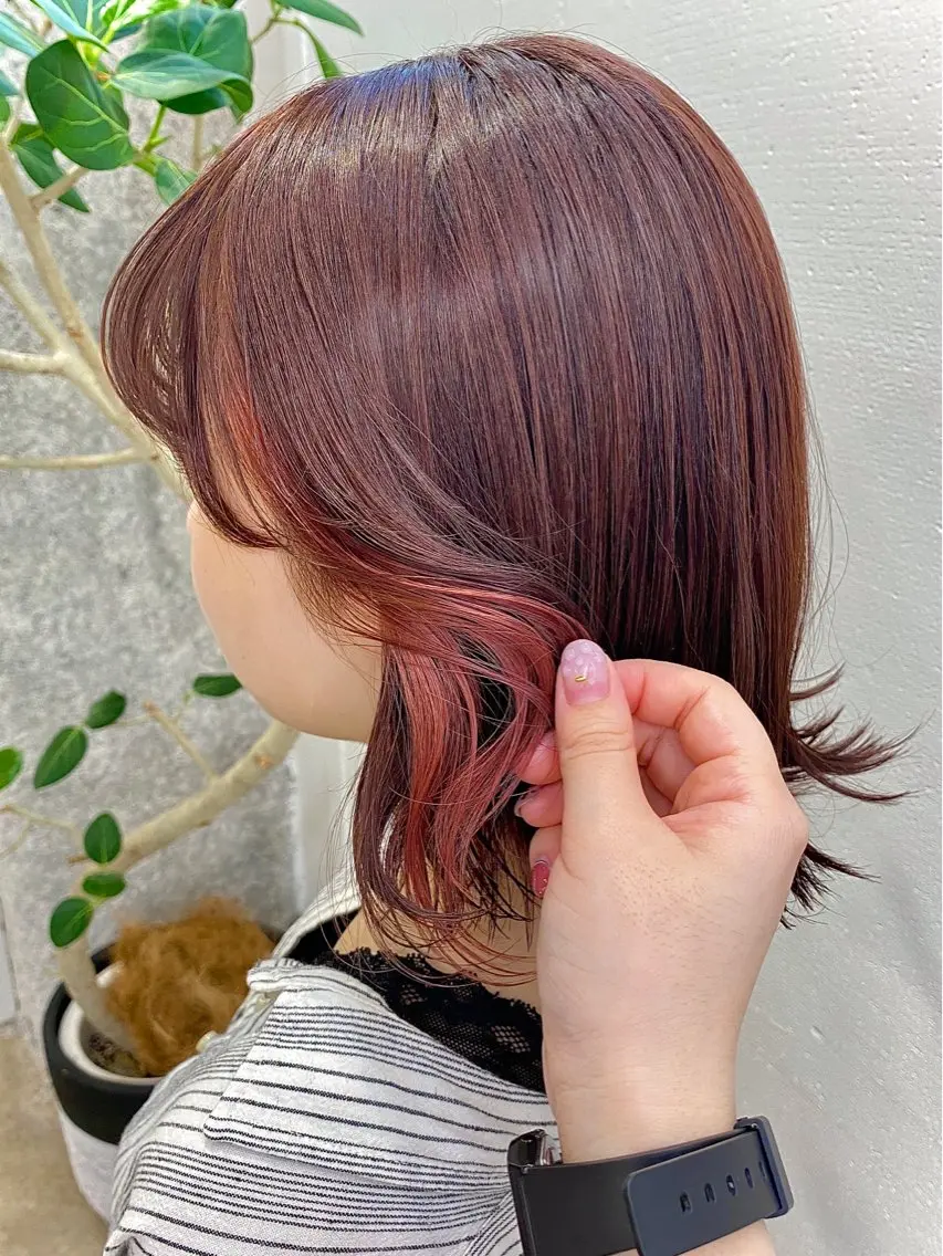 ミディアム カラー ヘアアレンジ ブラウンカラー ピンクカラー ピンクブラウン 暖色系特化さくら /福岡天神/レイヤーのヘアスタイル