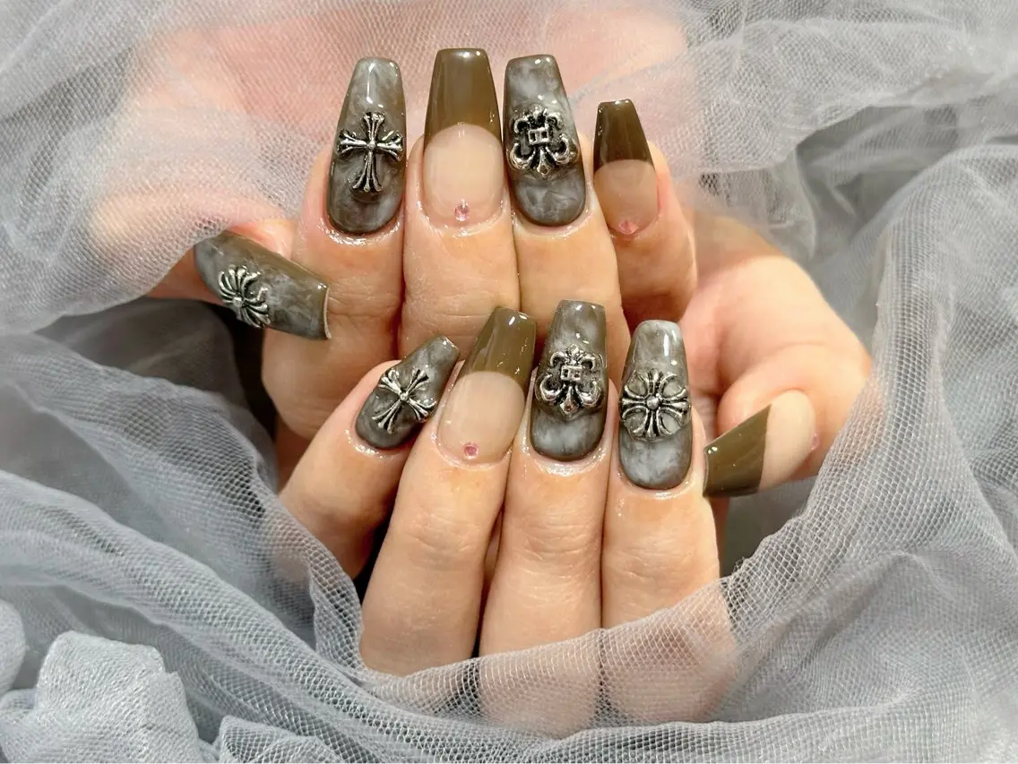 ネイル ブラウン フレンチネイル 大理石ネイル(マーブル) ハンドネイル Nail Salon KURELLYのネイルデザイン