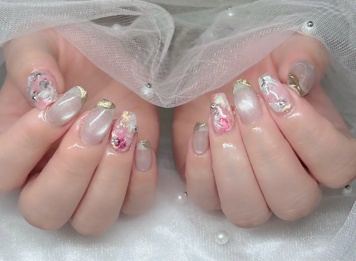 ネイル ハンドネイル 🎀PG🩵 ネイルサロンのネイルデザイン