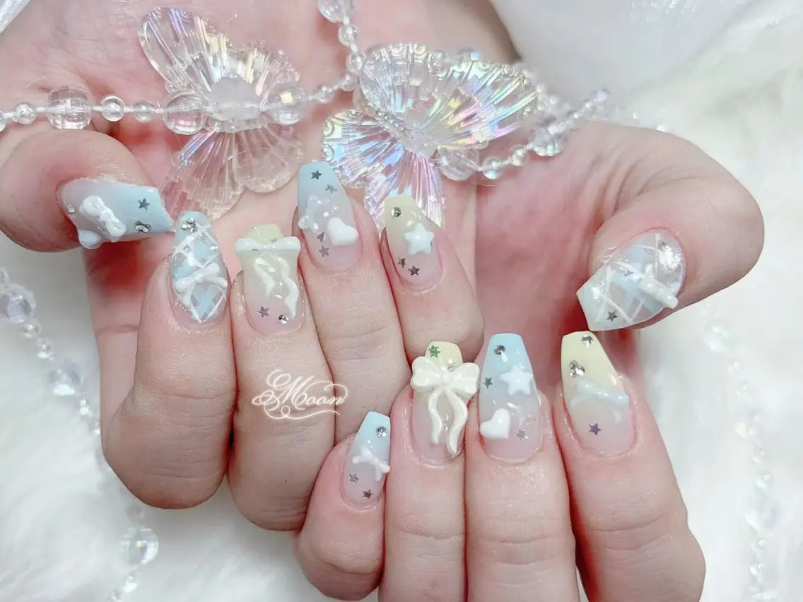 ネイル 成人式 大理石ネイル(マーブル) リボン 夏ネイル ネイルチップ ハンドネイル ハンドケア yukina 長さ出しネイル専門店のネイルデザイン