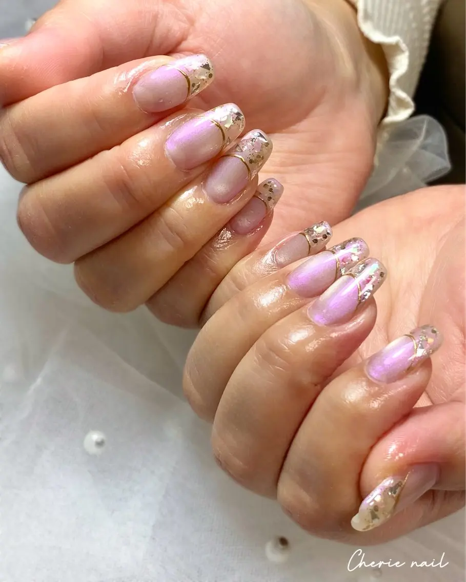 ネイル フレンチネイル ジェルネイル ガラスフレンチ マグネットネイル ピンク ハンドネイル Cherienail yunaのネイルデザイン