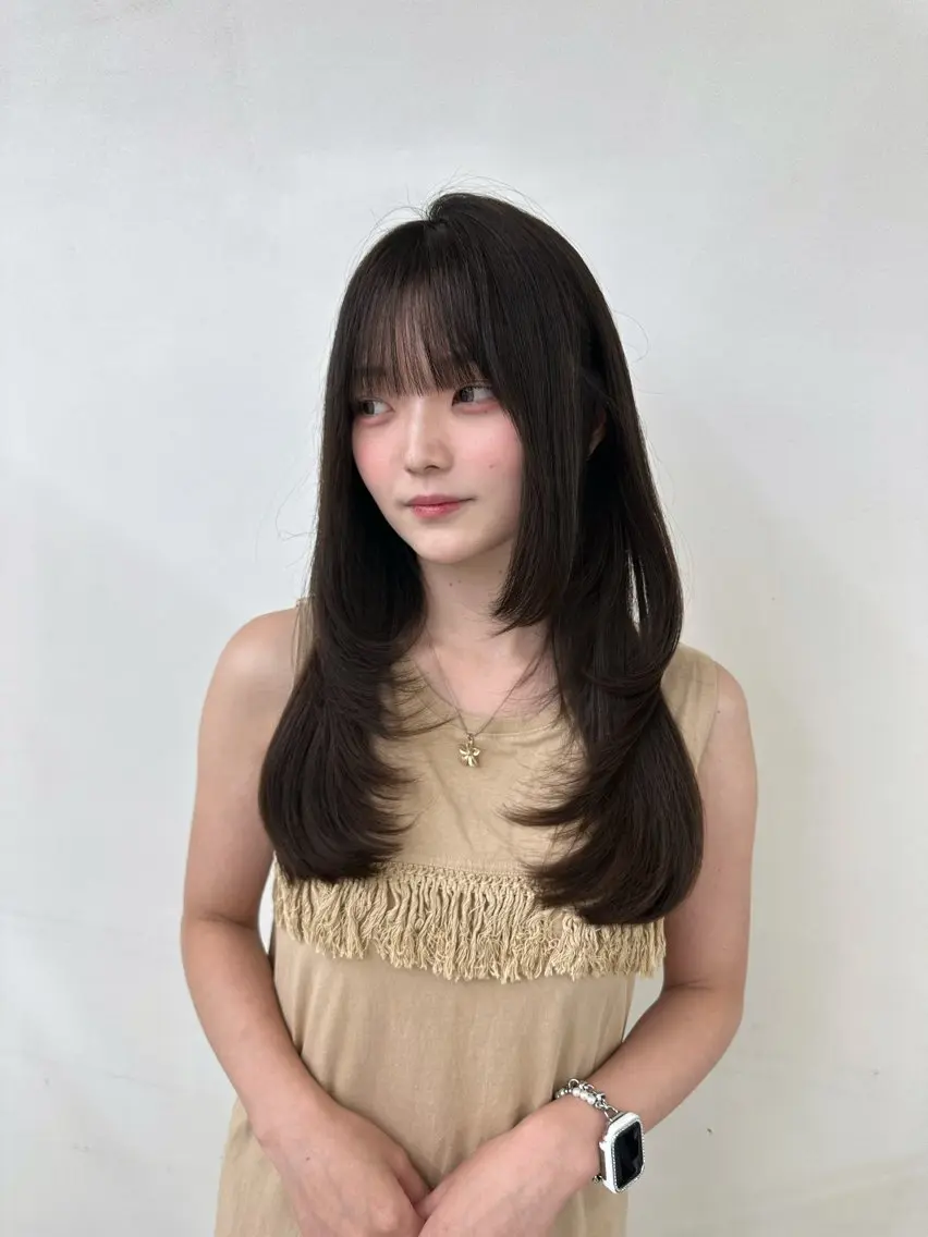 ロング カラー パーマ ロングレイヤー ブラウンカラー レイヤーカット ロング 小顔カット 縮毛矯正 レイヤー/ブリーチ 銀座/HARUKAのヘアスタイル