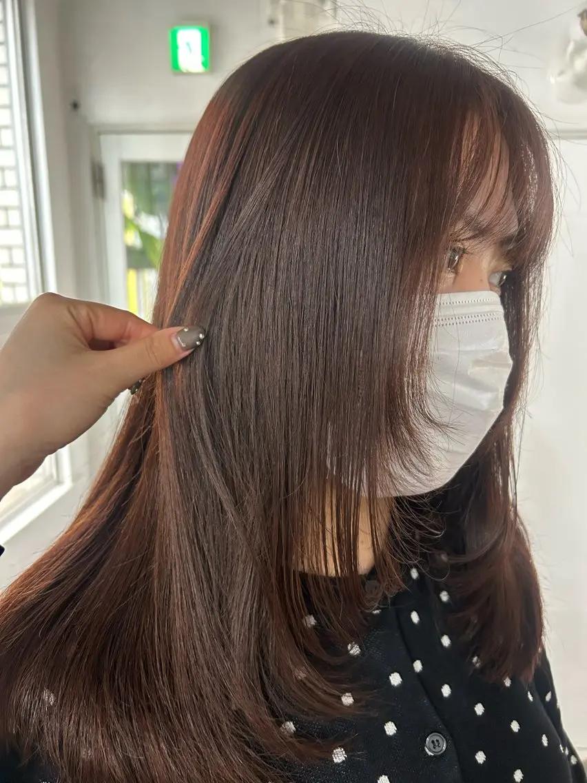 ロング カラー ブラウンカラー オレンジ オレンジブラウン カット ヘアカラー maho/垢抜け カラーパーマメイクのヘアスタイル