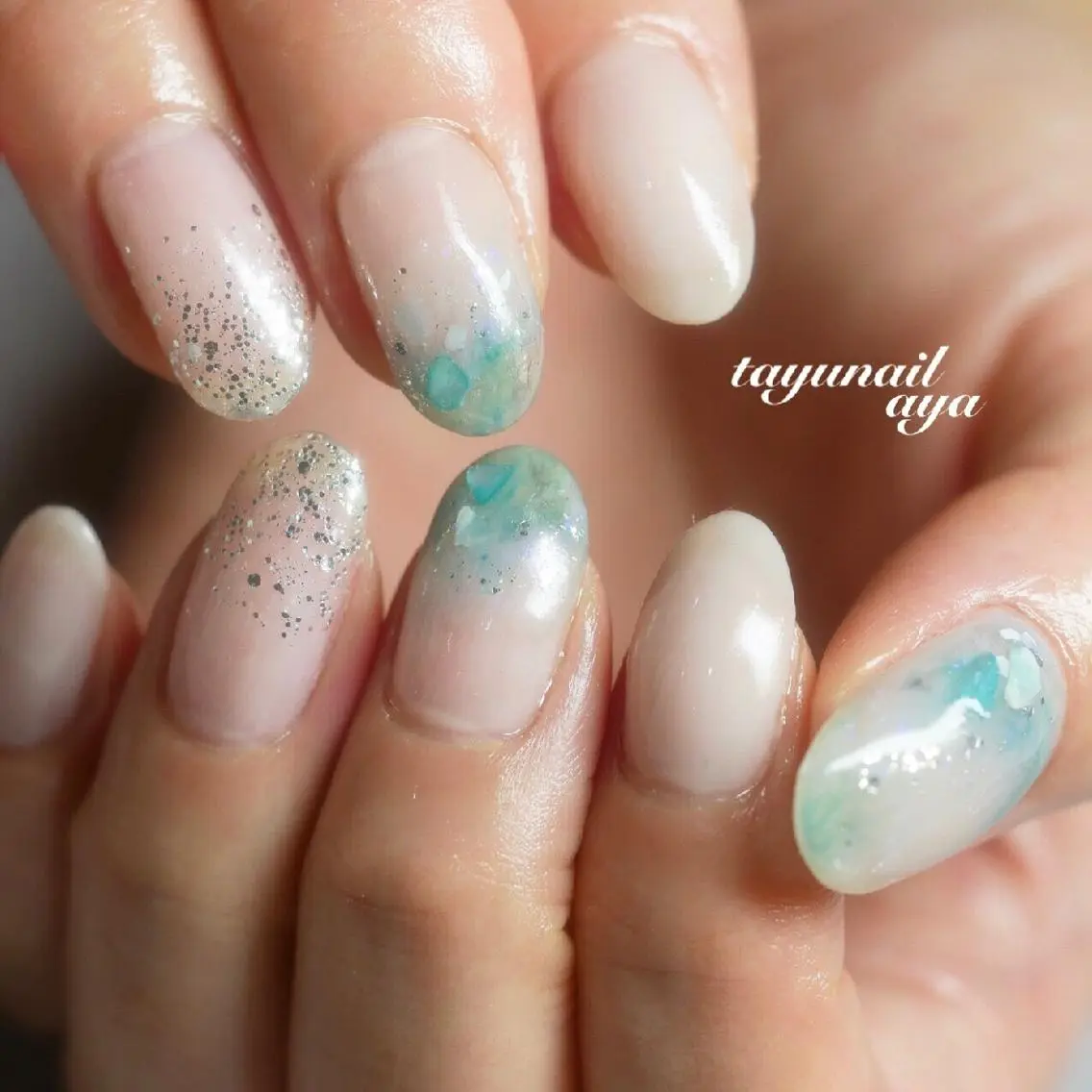 ネイル アートネイル ブルー ジェルネイル グリーン パラジェル ネイルサロン 【たゆnail】のネイルデザイン