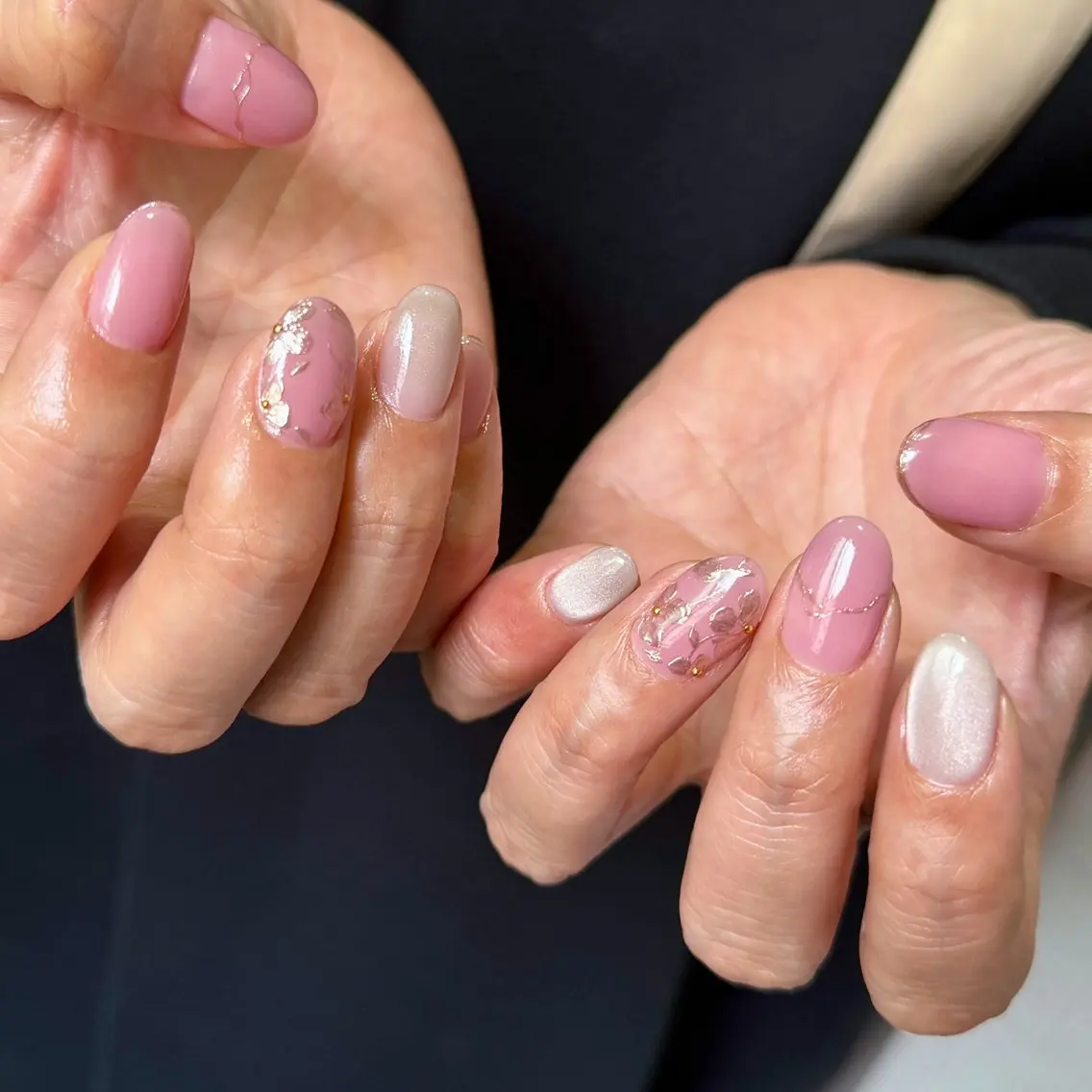 ネイル フラワーネイル フレンチネイル ミラーネイル ピンク 春ネイル ハンドネイル pointillé .ayaのネイルデザイン