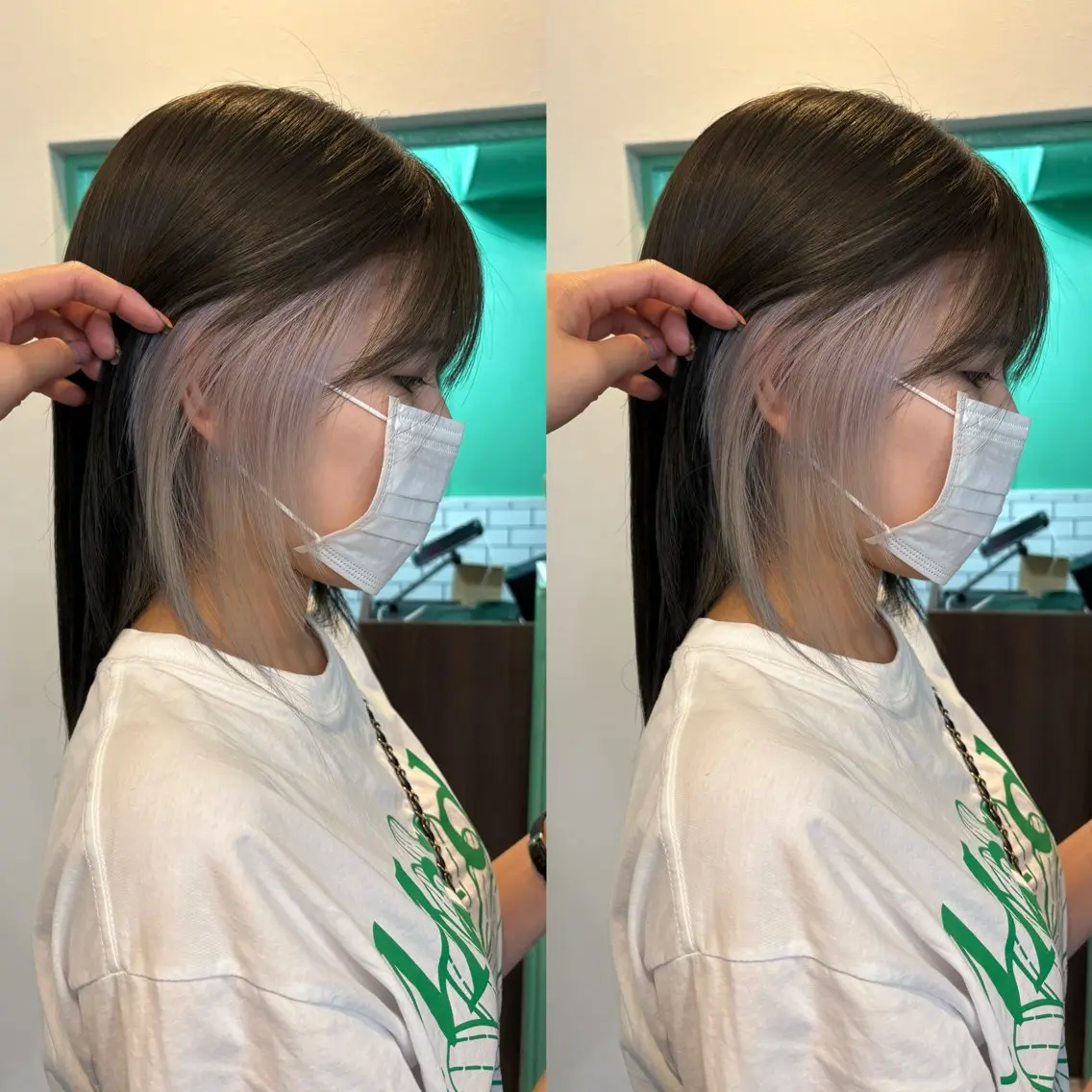 ミディアム カラー インナーカラー シルバー ホワイトシルバー ヘアカラー トリートメント なんば、心斎橋🍓 ハイトーンnicoのヘアスタイル
