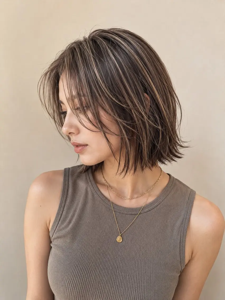 ミディアム カラー ハイライトカラー 顔まわりレイヤー 外国人風カラー ハイライト レイヤーカット カット ヘアカラー トリートメント 海外風レイヤーカット 👑店長　平松　由のヘアスタイル
