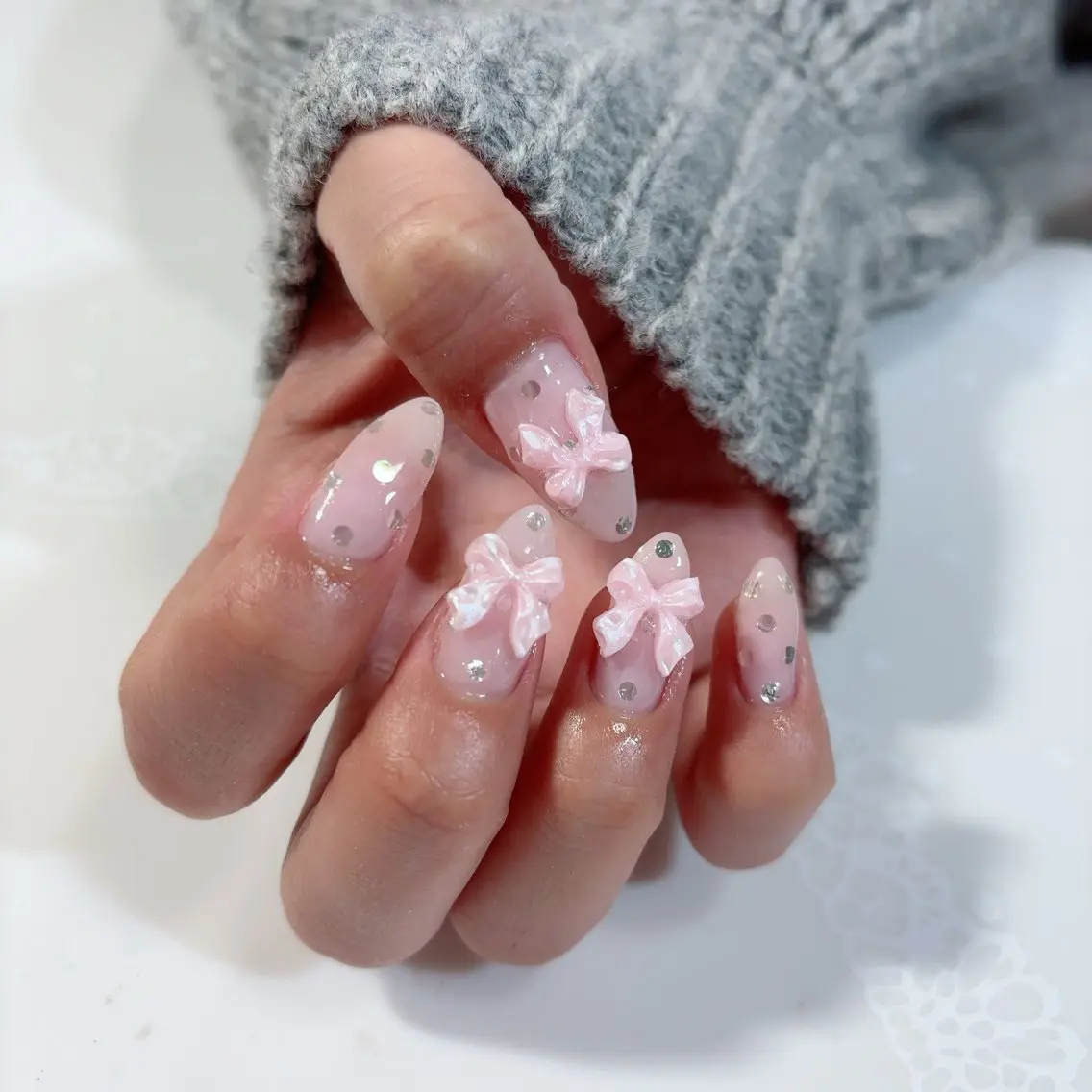 ネイル ドット ピンク リボン ハンドネイル * haruのネイルデザイン