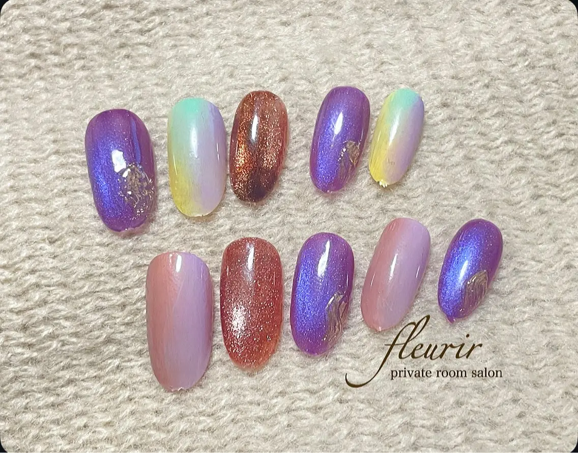 ネイル アートネイル べっ甲ネイル ブルー ブラウン ゴールド フルリール 【プライベートサロンのネイルデザイン