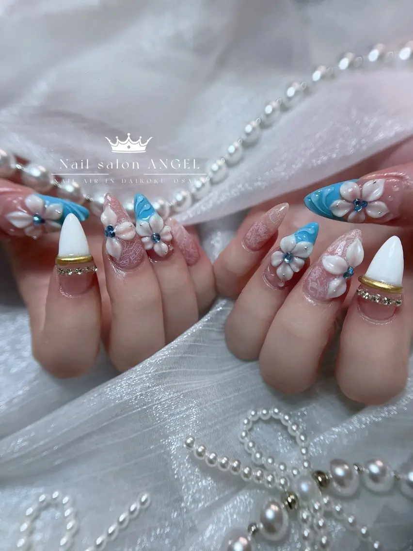 ネイル ジェルネイル ゴージャス 韓国ネイル ロングネイル シルバー ハンドネイル ANGEL Riaのネイルデザイン