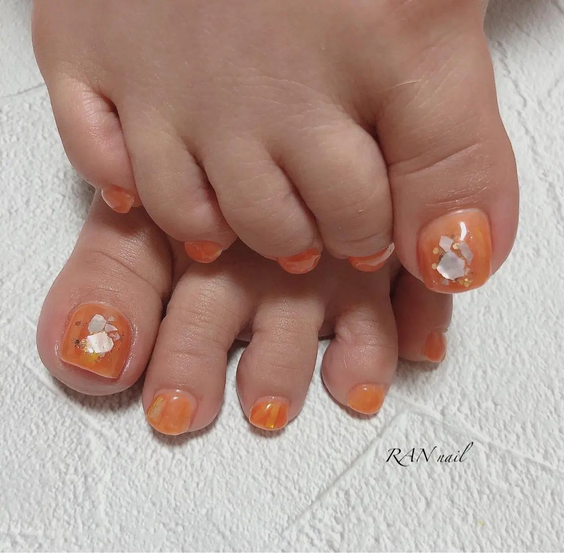 ネイル オーロラネイル フットネイル 氷ネイル・うるうるネイル オフィスネイル オレンジ ハンドネイル フットネイル RAN nailのネイルデザイン