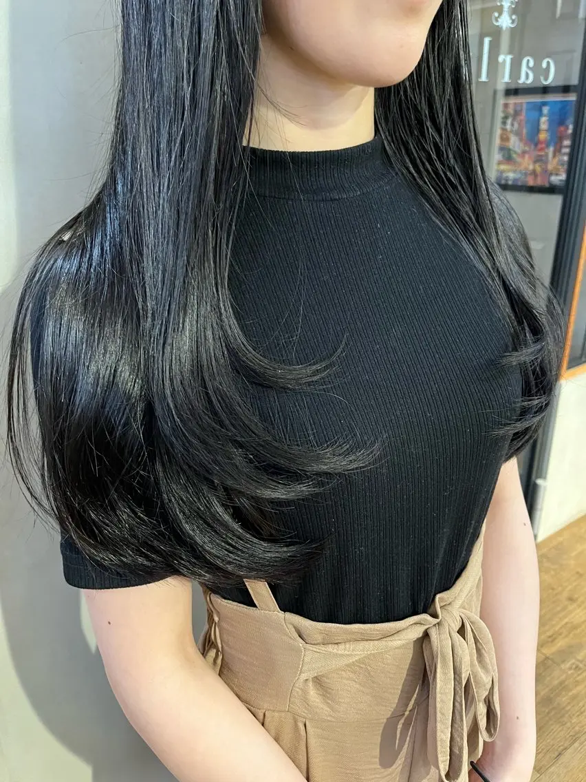 ロング カラー レイヤーカット カット ヘアカラー 薬院:今泉/上川美幸 ボブ/顔周りレイヤーのヘアスタイル