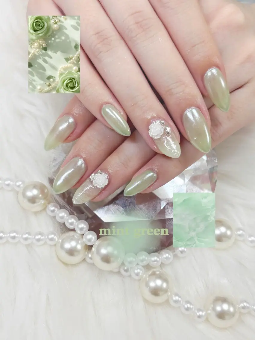 ネイル グリーン ミラーネイル 春ネイル ハンドネイル YUUMI🫧 nailのネイルデザイン