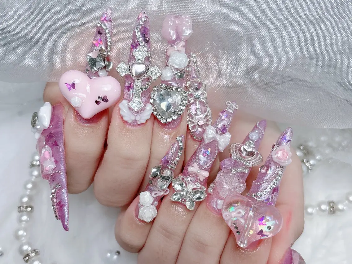 ネイル 成人式 大理石ネイル(マーブル) リボン 夏ネイル ネイルチップ ハンドネイル MoMoA Nail ネイル長さ出し専門店のネイルデザイン