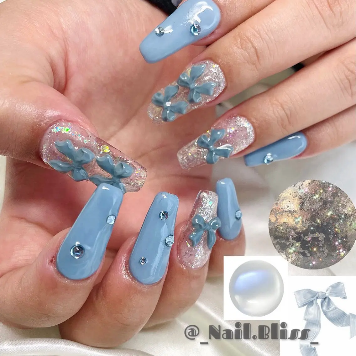 ネイル クリアネイル 氷ネイル・うるうるネイル リボン スカルプネイル ハンドネイル NAIL BLISSのネイルデザイン