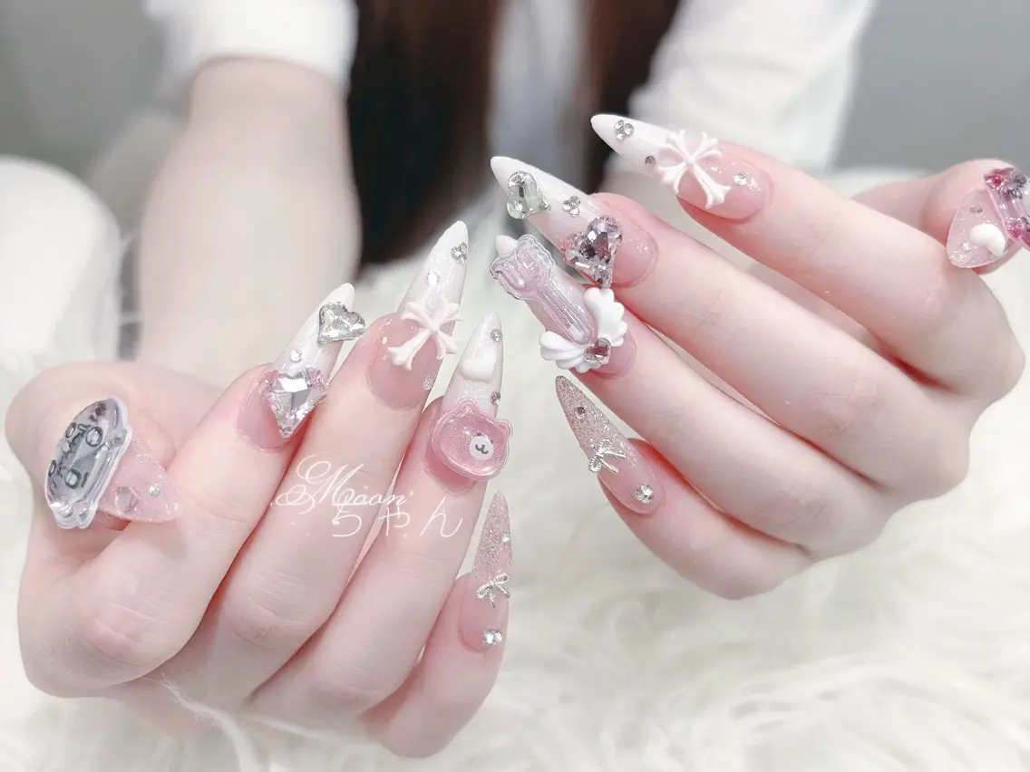 ネイル 成人式 マグネットネイル 大理石ネイル(マーブル) リボン 夏ネイル ハンドネイル MoMoA Nail ネイル長さ出し専門店のネイルデザイン