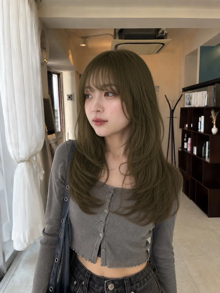 ロング ヘアカラー オリーブカラー/ レイヤー特化/みづきのヘアスタイル