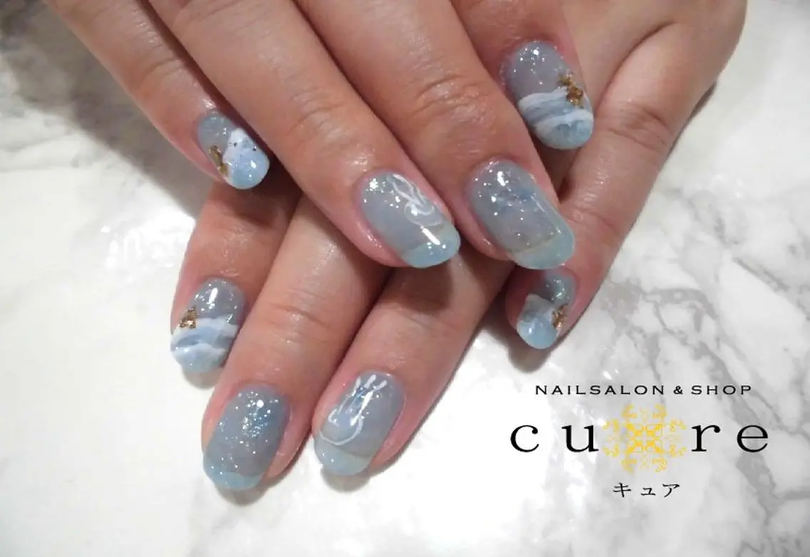ネイル ブルー ジェルネイル ワンカラーネイル ネイルサロン Cureのネイルデザイン