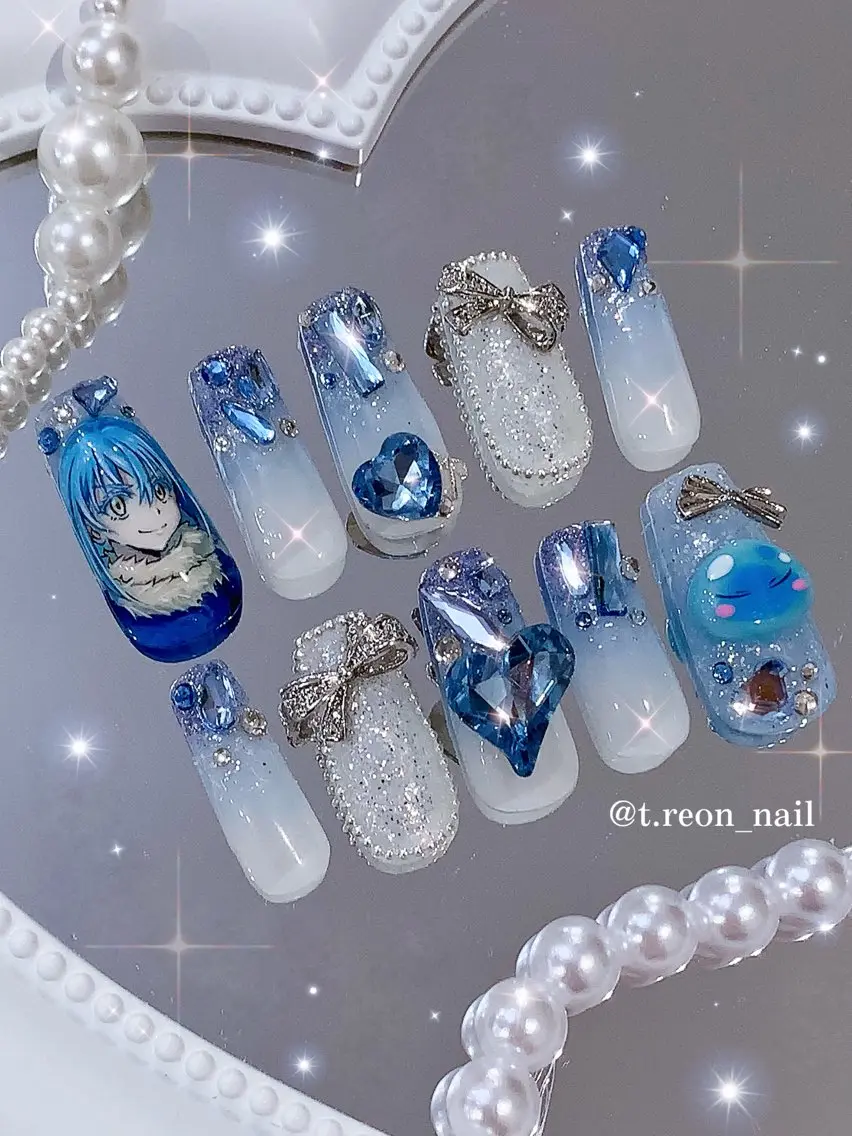 ネイル アートネイル 水色 ロングネイル ぷっくりネイル ワンホンネイル ハンドネイル 3Dアートネイル💗 都築レナのネイルデザイン