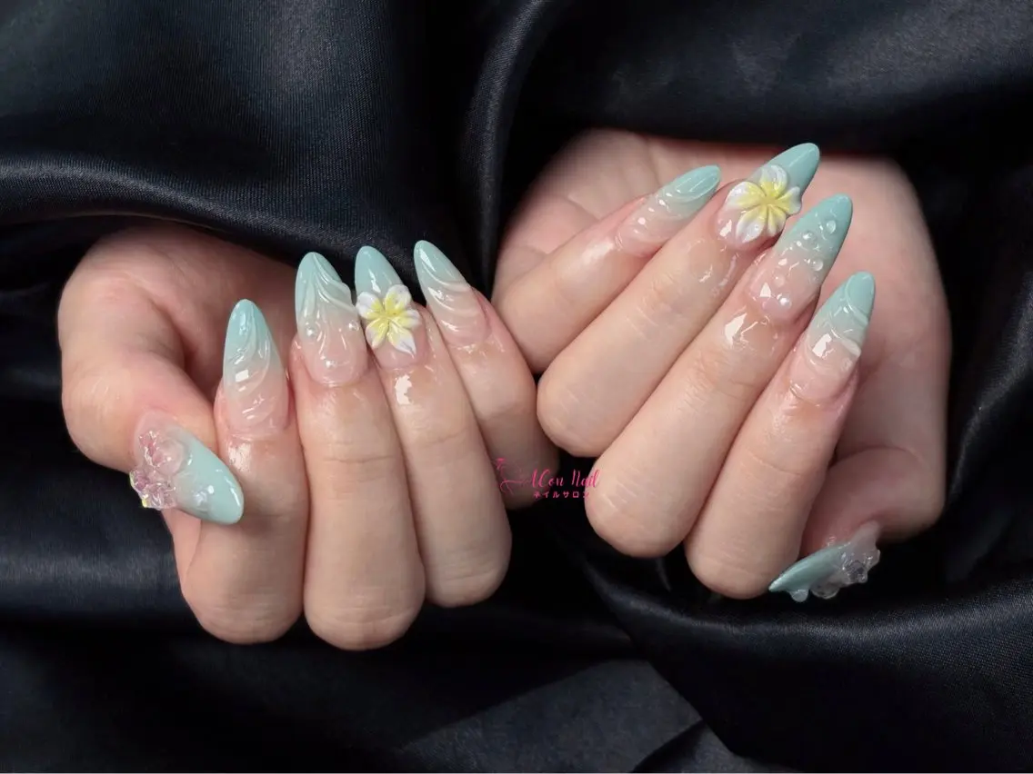 ネイル 桜ネイル 長さ出し フラワーネイル フレンチネイル ジェルネイル ハンドネイル ACon NailSalonのネイルデザイン