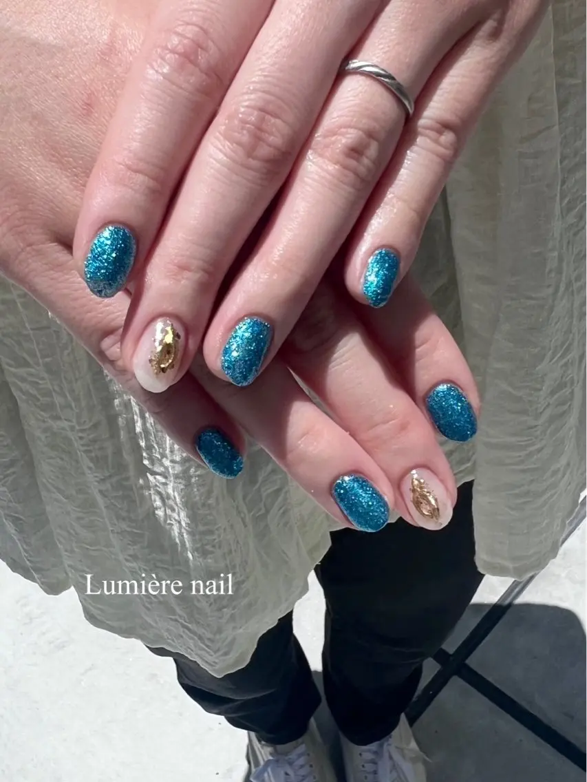 ネイル ブルー ラメ(グリッター) ハンドネイル Lumière nail_RIKAのネイルデザイン