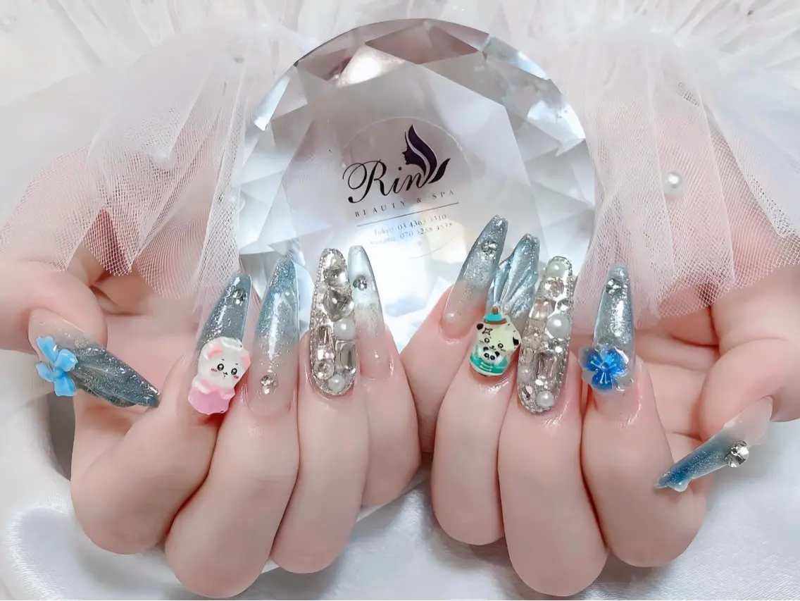 ネイル ブルー ジェルネイル ガーリー グラデーション グリーン ハンドネイル Rin Nail 新大久保店のネイルデザイン