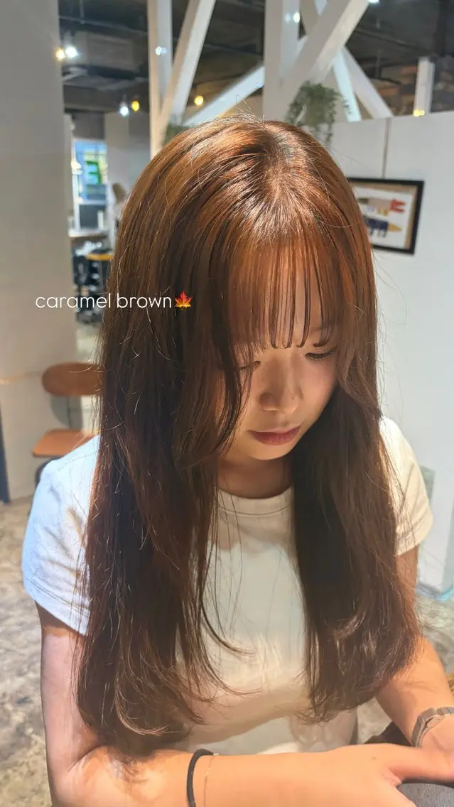 ロング カラー ブラウンカラー キャラメルブラウン ヘアカラー トリートメント おくにし はなのヘアスタイル