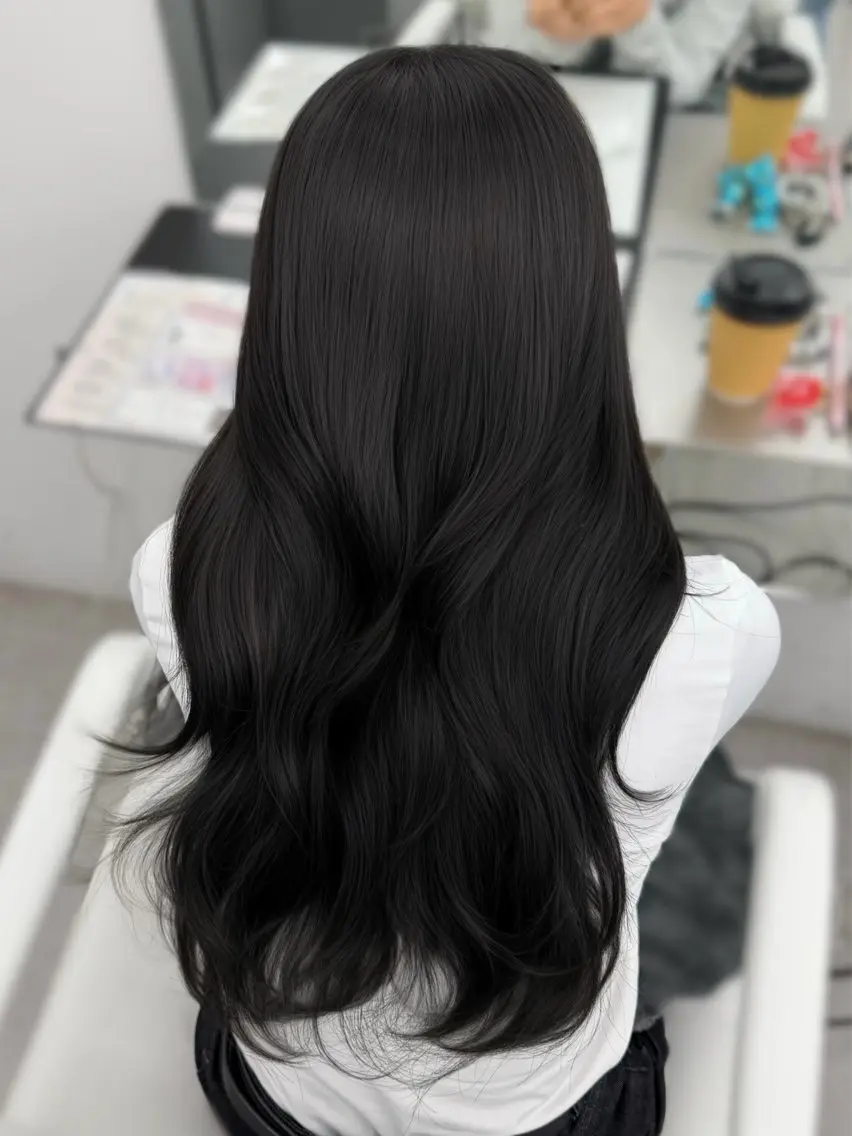 ロング カラー 黒髪 ブルーカラー ブルーブラック カット ヘアカラー トリートメント 韓国ヘア/顔周り ヘアセット/加藤優里のヘアスタイル