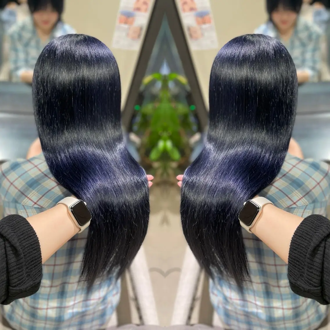 ロング カラー ベージュカラー 黒髪 ブルーカラー ブルーブラック ダブルカラー ヘアカラー 🦋美髪/エクステ 🦋アベイクミのヘアスタイル