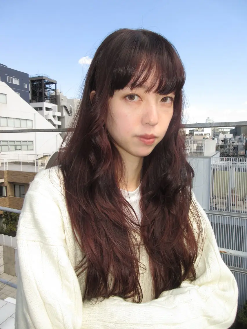 ロング アッシュ オレンジブラウン 顔まわりレイヤー ハッシュカット 韓国風ヘア カット ヘアカラー レイヤーカット\ウル フ　chinatsuのヘアスタイル