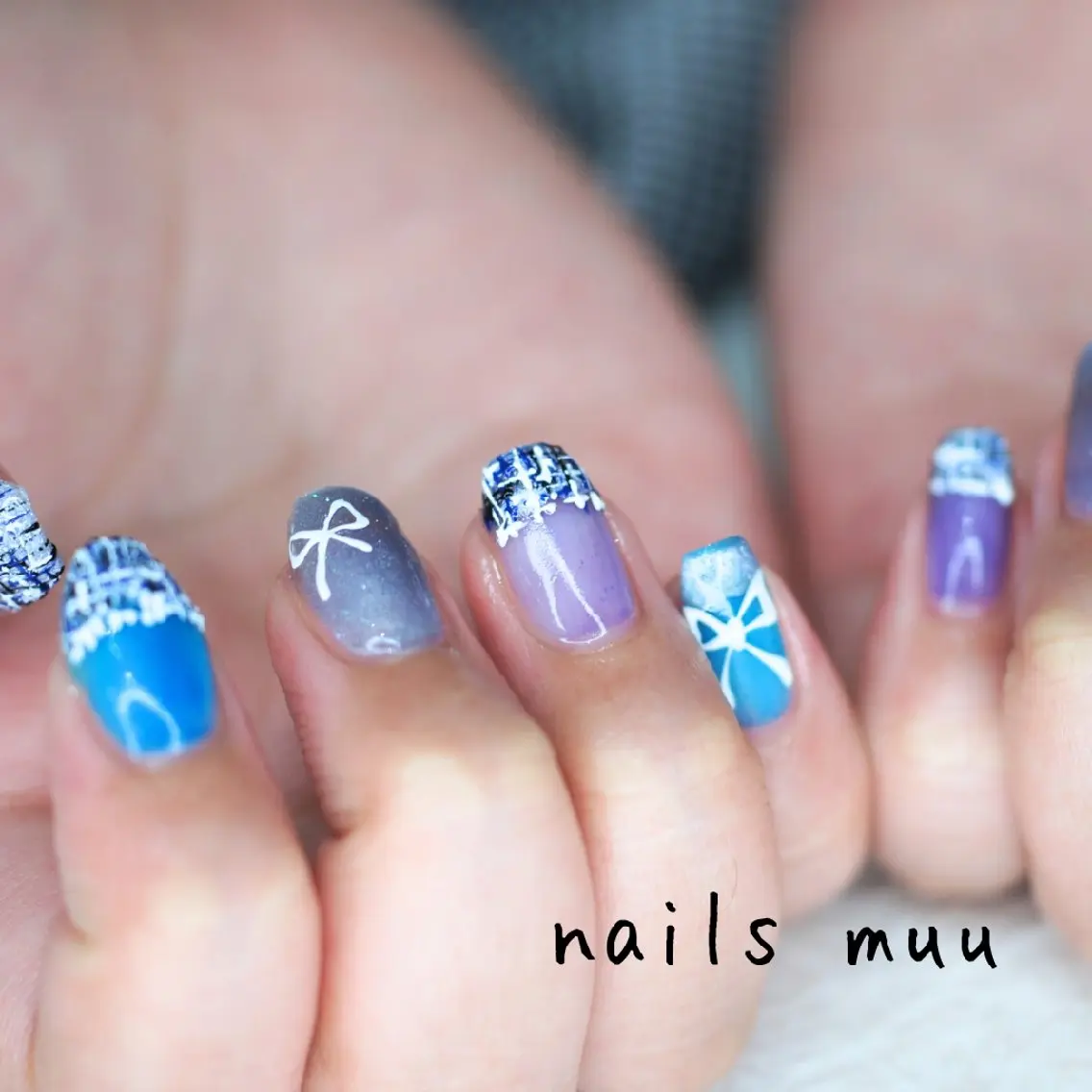 ネイル ブルー ジェルネイル マグネットネイル パープル リボン nails muu まゆのネイルデザイン