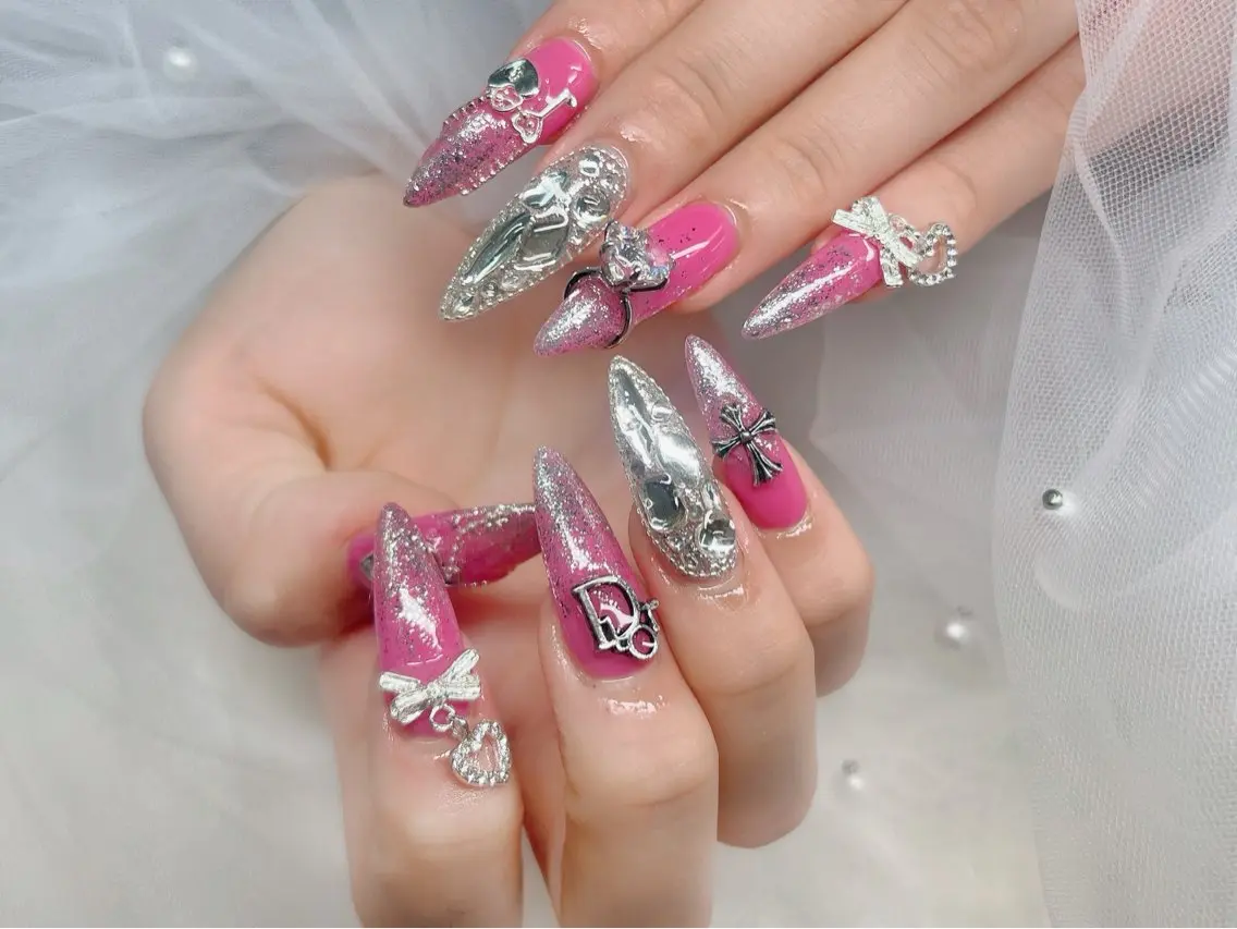 ネイル ブルー チークネイル ドット フレンチネイル ジェルネイル ハンドネイル Kei Nail 長さ出し 付け放題のネイルデザイン
